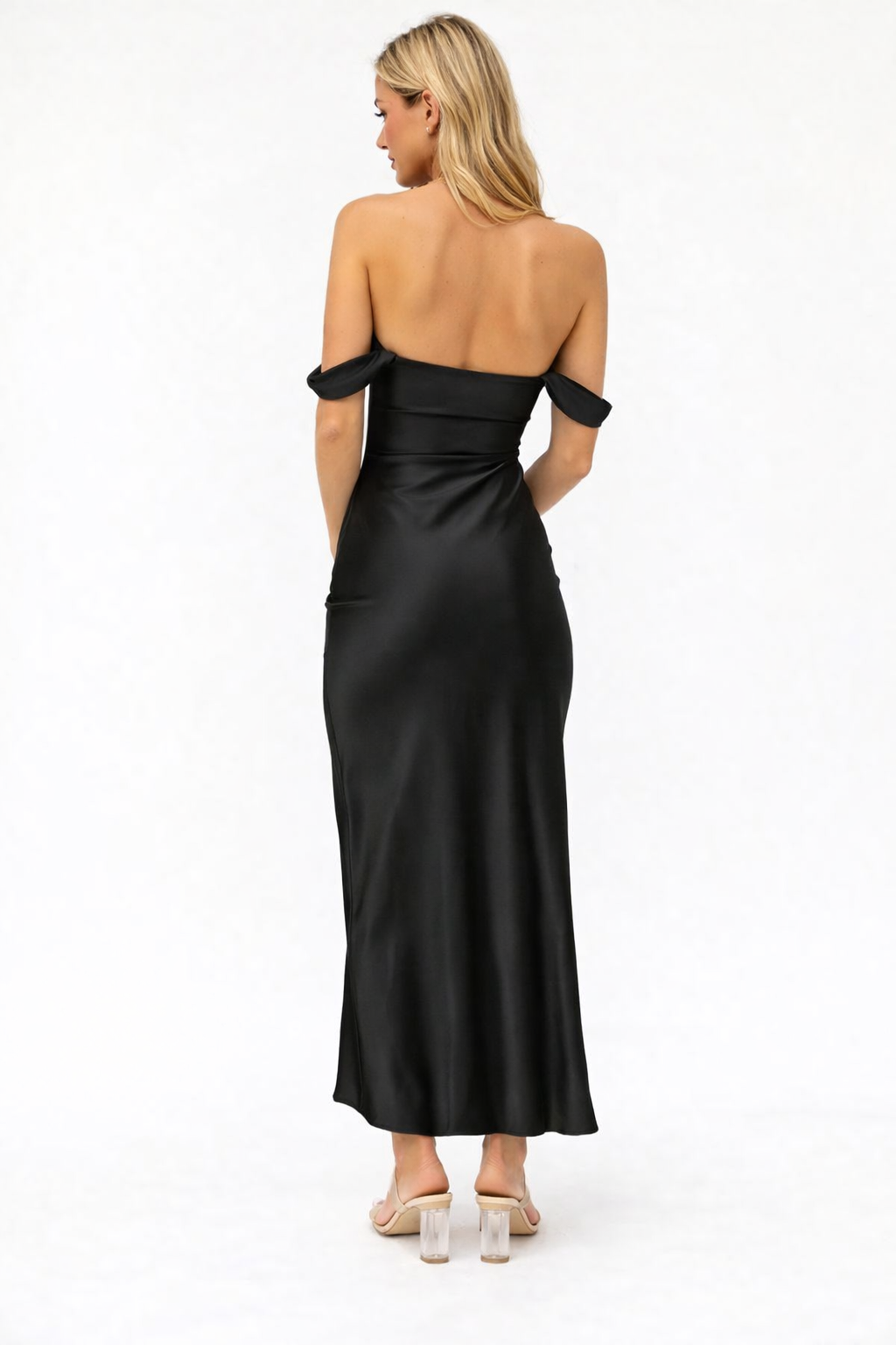 Ella Off-Shoulder Satin Maxi Dress (Backless Formal Look)