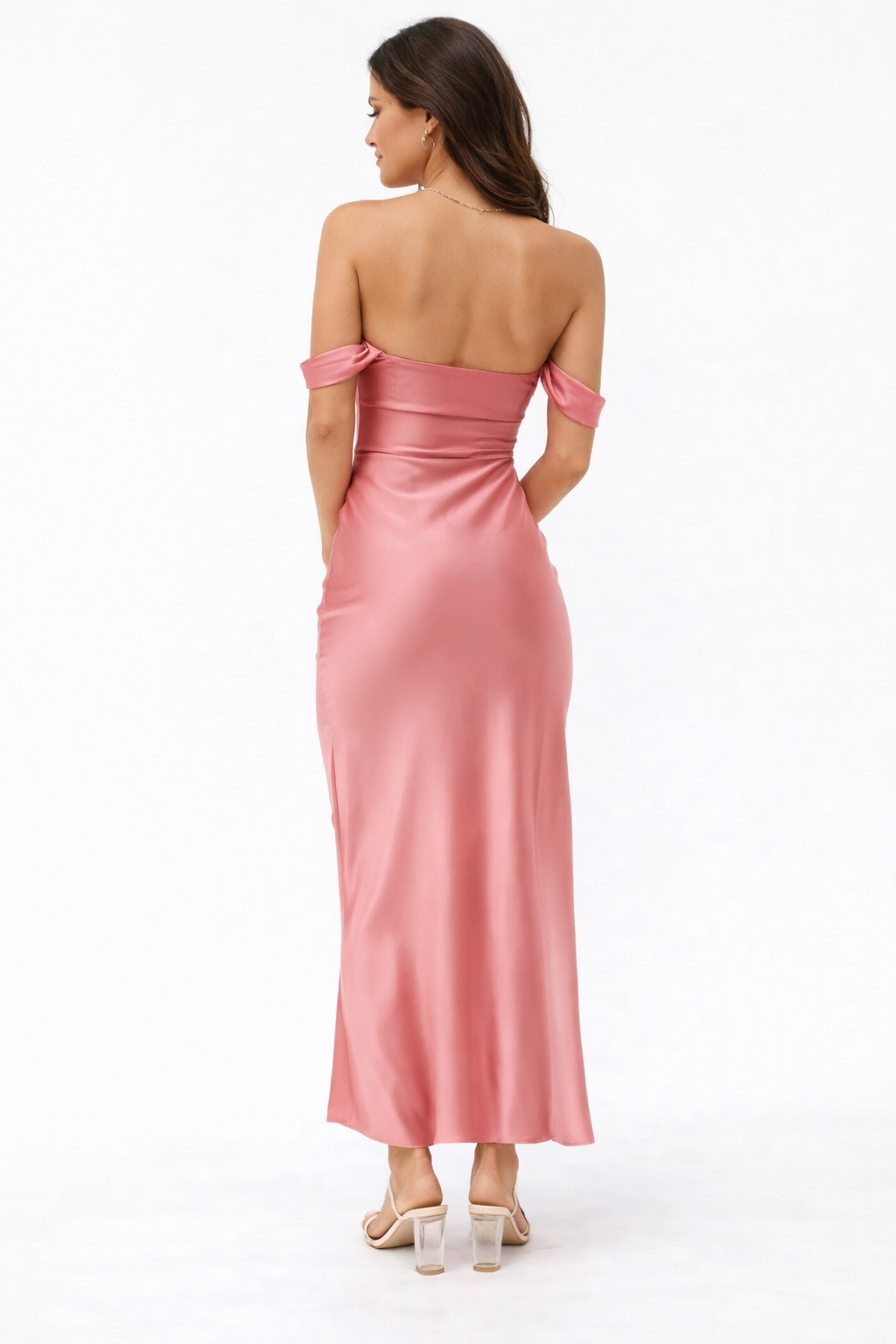 Ella Off-Shoulder Satin Maxi Dress (Backless Formal Look)