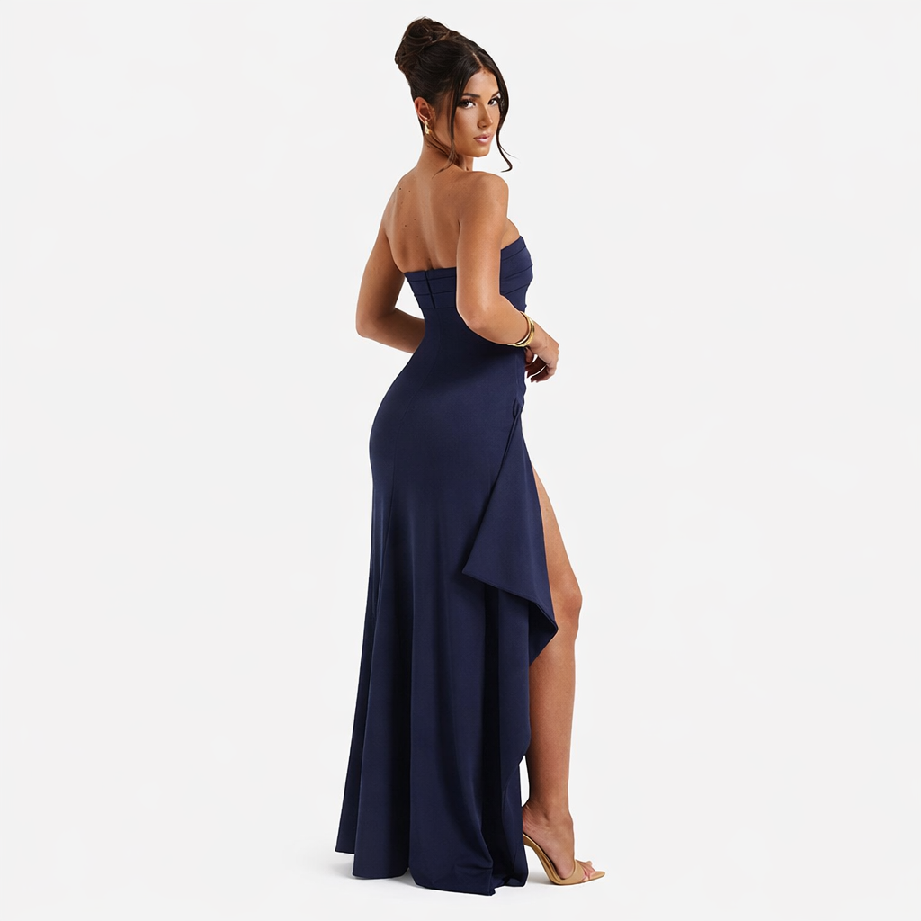 Midnight Sculpt Strapless Slit Maxi Dress – Elegant Party & Vacation Gown