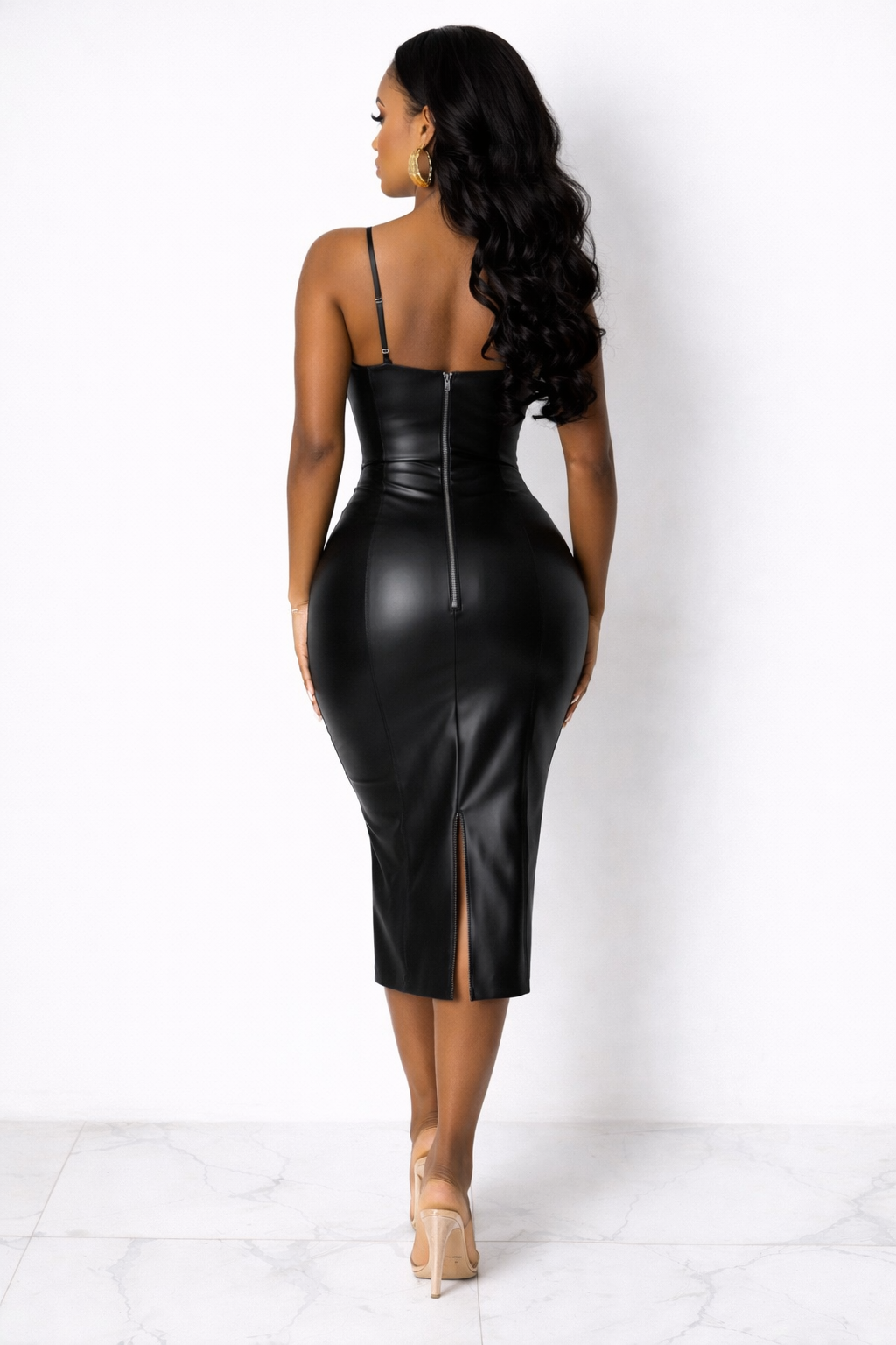 Women’s PU Leather Slim-Fit Midi Dress with Slit