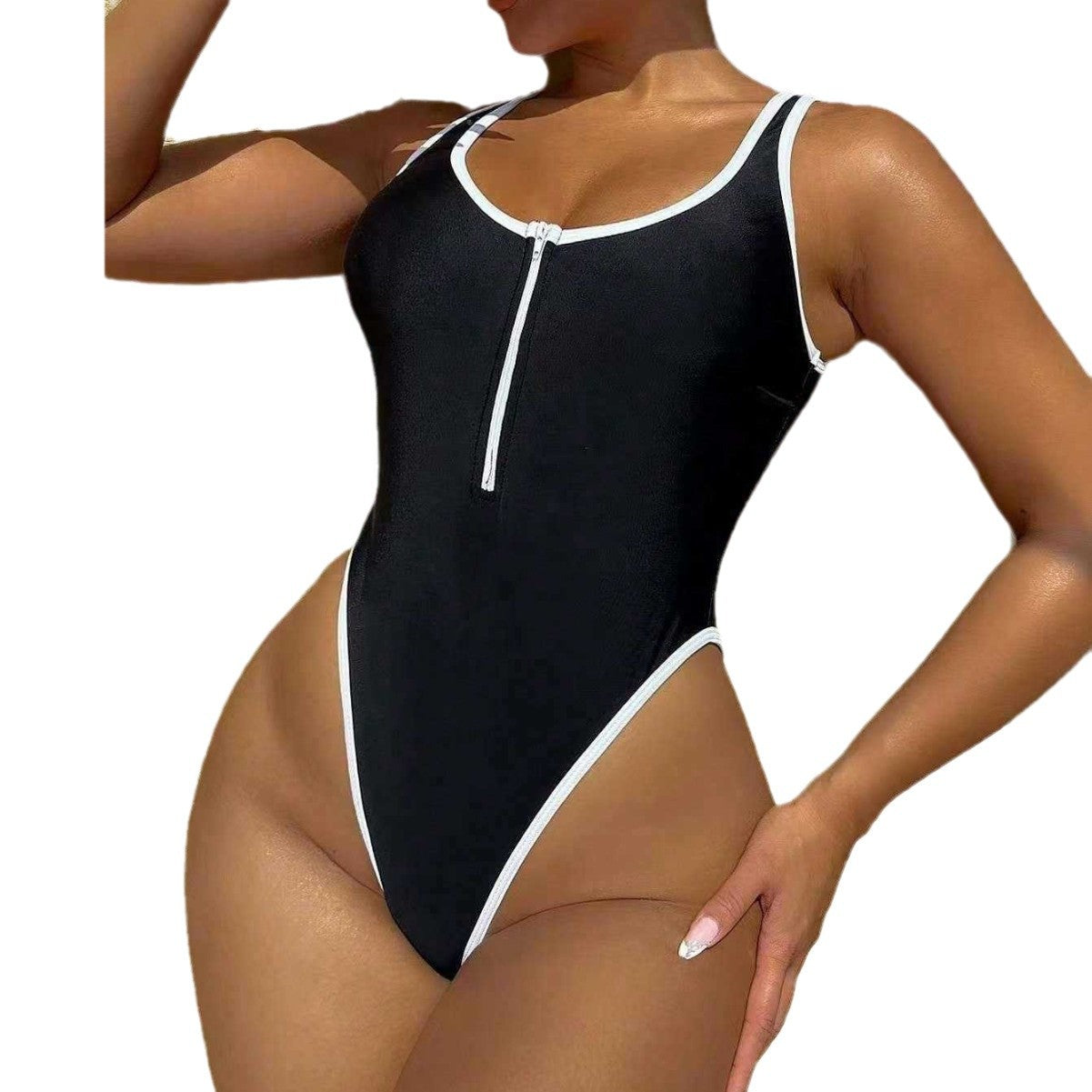 Sexy Low Cut Half Zipper Black Sleeveless Jumpsuit