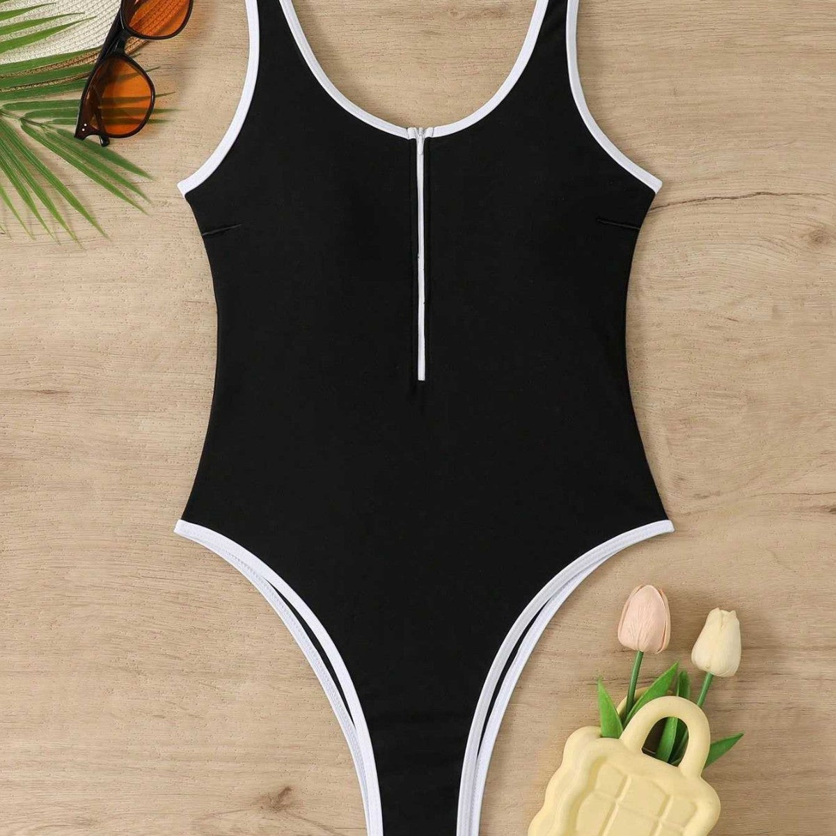 Sexy Low Cut Half Zipper Black Sleeveless Jumpsuit