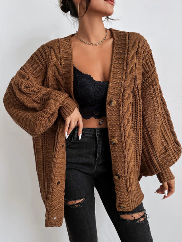 Sixmilude Loose Twist Lantern Sleeve Cardigan Knitted Coat