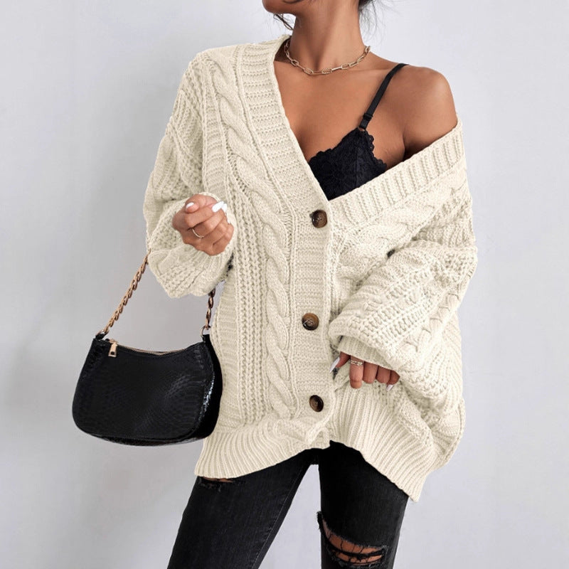 Sixmilude Loose Twist Lantern Sleeve Cardigan Knitted Coat