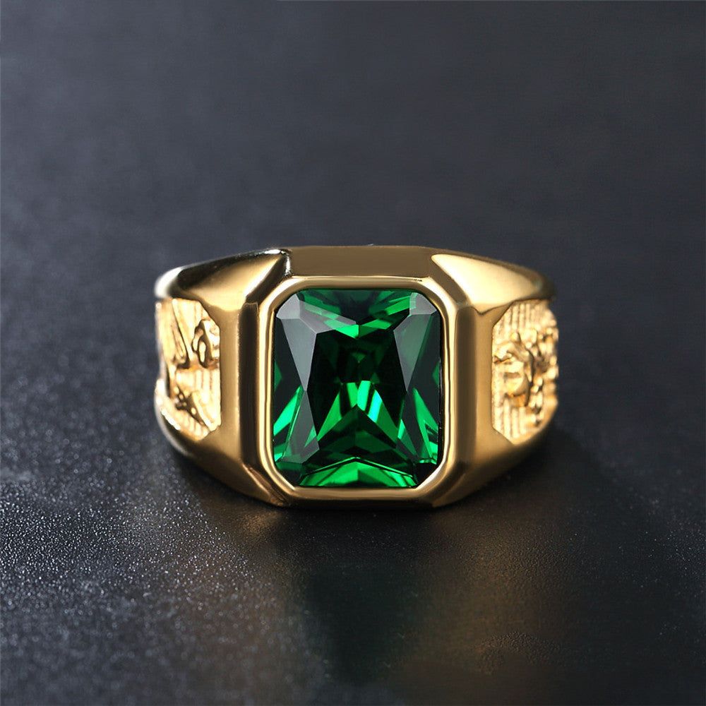 Jewelry Golden Dragon And Phoenix Gemstone Titanium Steel Ring